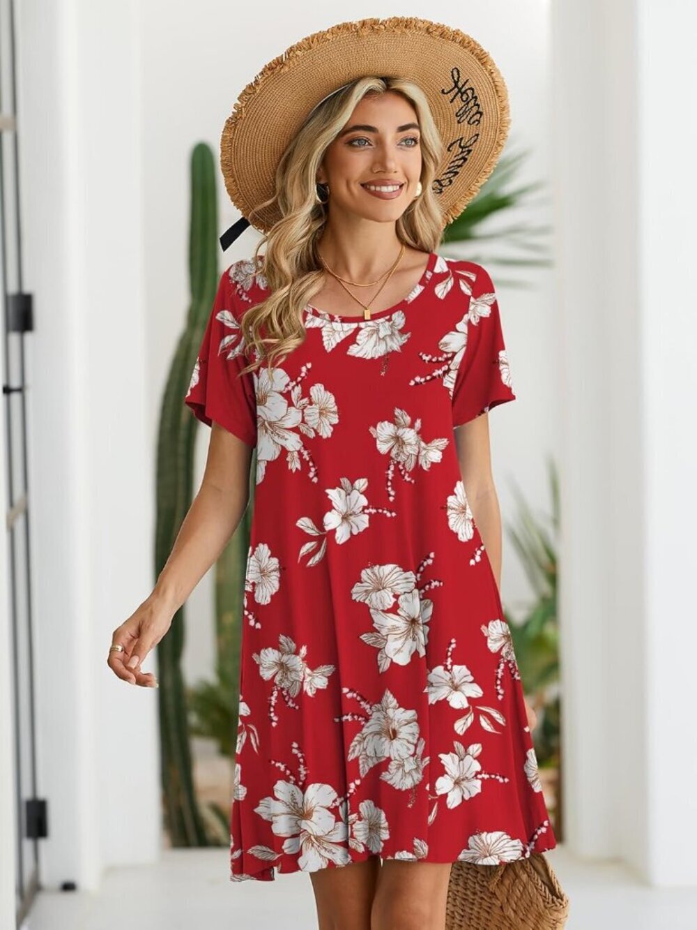 Women's Floral Red Casual Loose Swing Tunic Short Sleeve Sun Mini Shirt Dress - Picture 4 of 6